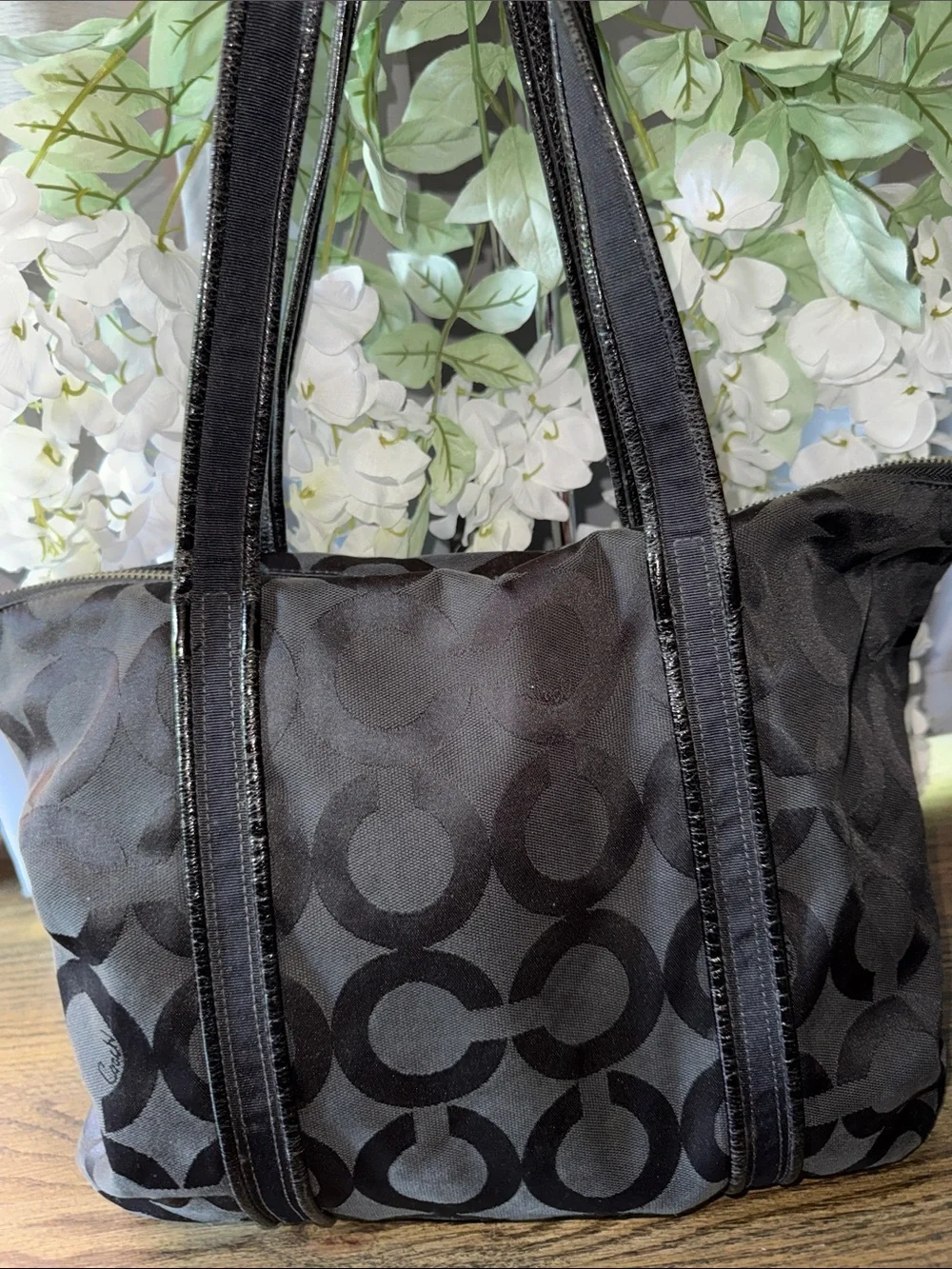Coach POPPY Black Signature Tote with Pink Sequin Butterfly Charm